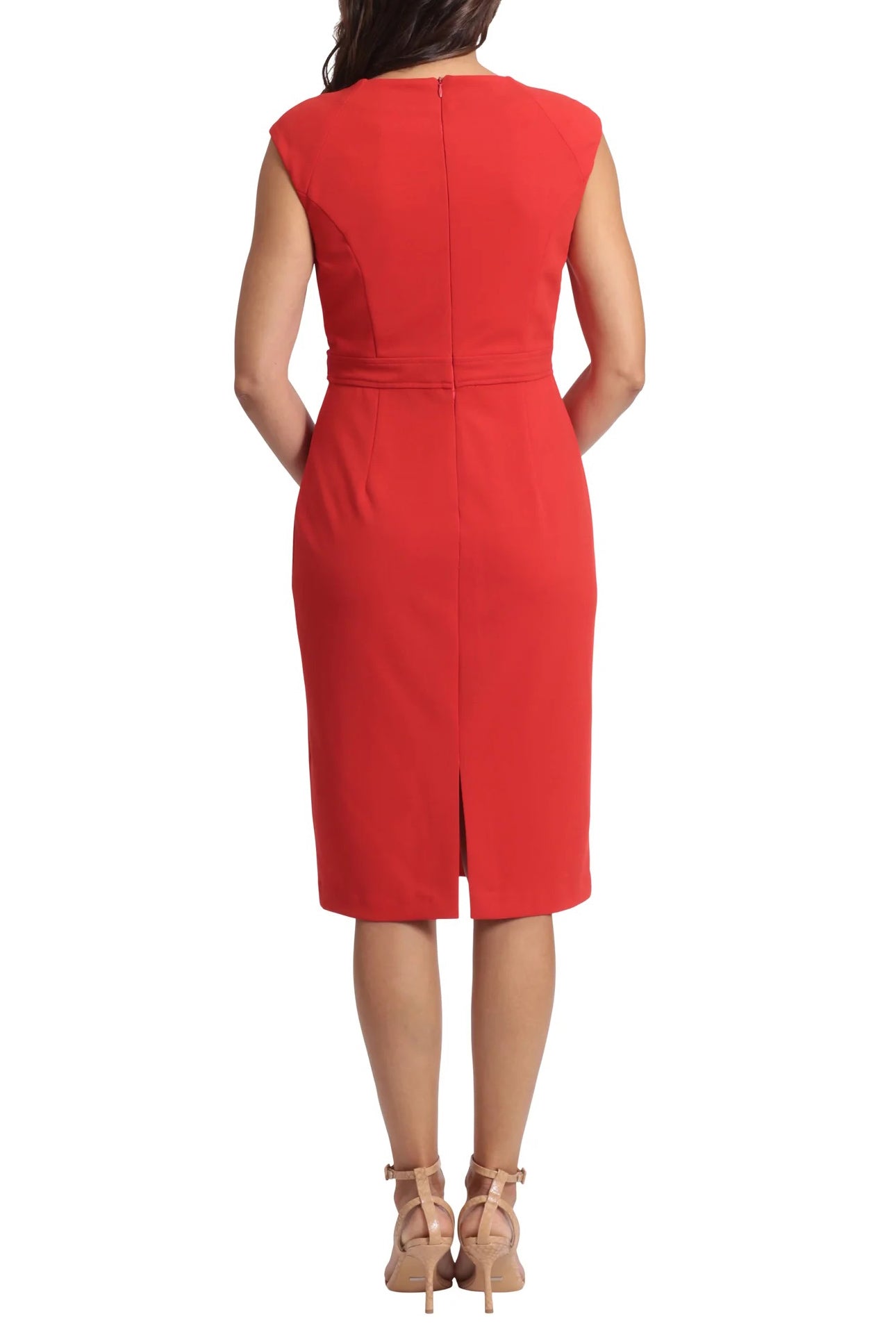 London Times Split Neck Cap Sleeve Buckle Waist Scuba Crepe Sheath Dress - RED - Back 