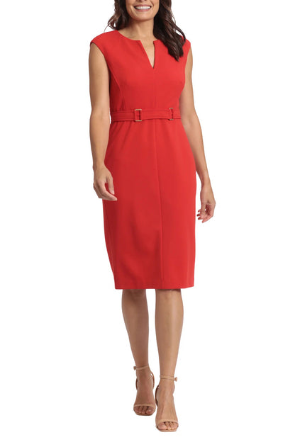 London Times Split Neck Cap Sleeve Buckle Waist Scuba Crepe Sheath Dress - RED - Front 