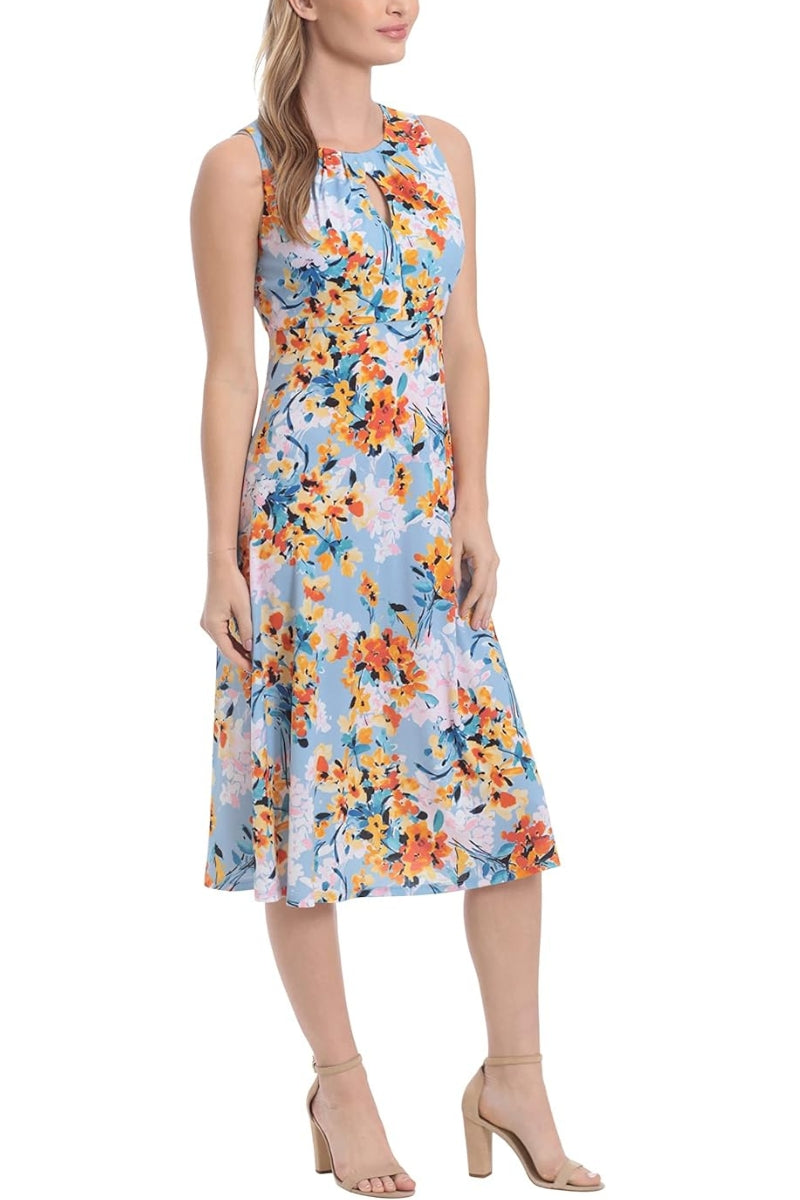 London Times Printed Sleeveless Versatile Empire A line Keyhole Neckline Midi Dress - BLUE ORANGE - Side