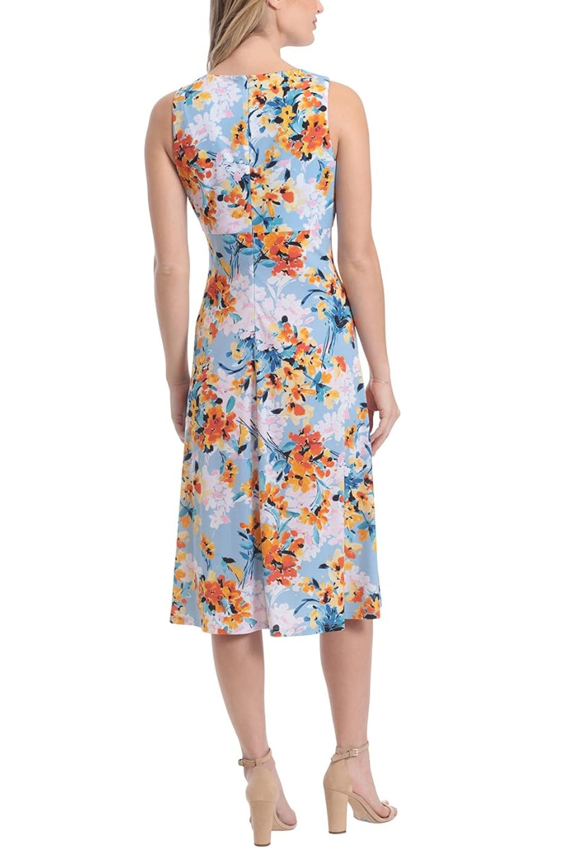 London Times Printed Sleeveless Versatile Empire A line Keyhole Neckline Midi Dress - BLUE ORANGE - Back