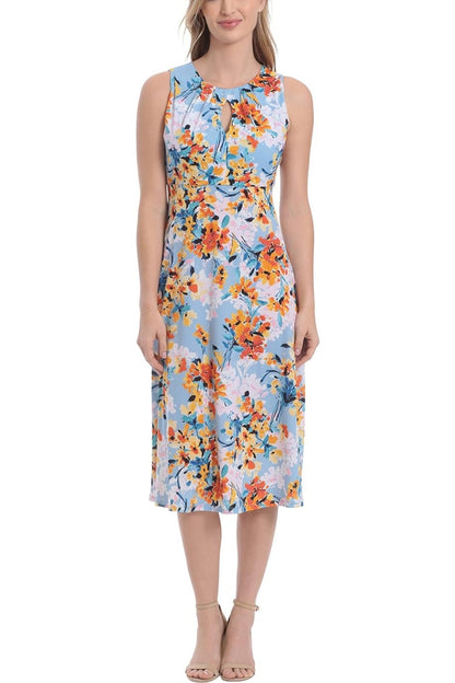 London Times Printed Sleeveless Versatile Empire A line Keyhole Neckline Midi Dress - BLUE ORANGE - Front