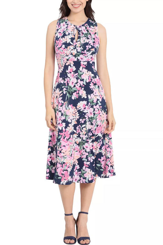 London Times Printed Sleeveless Versatile Empire A-line Keyhole Neckline Midi Dress - NAVY PINK - Front