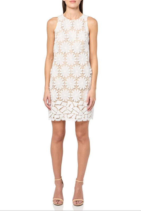 London Times Crew Neckline Floral Lace Sleeveless Sleek Shift Silhouette Dress - WHITE - Front