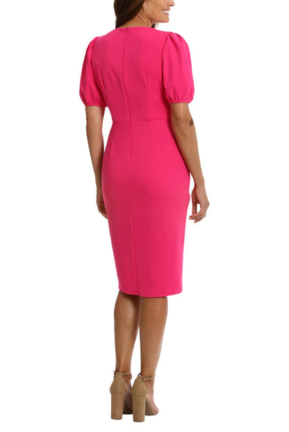 London Times Puff Sleeve Crew Neck Midi Sarong Wrap Dress - PINK - BACK 