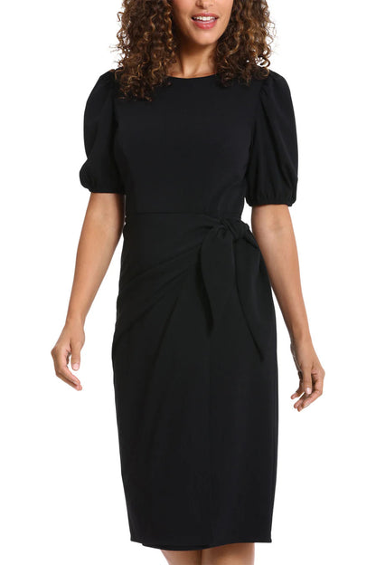 London Times Puff Sleeve Crew Neck Midi Sarong Wrap Dress - BLACK - SIDE 