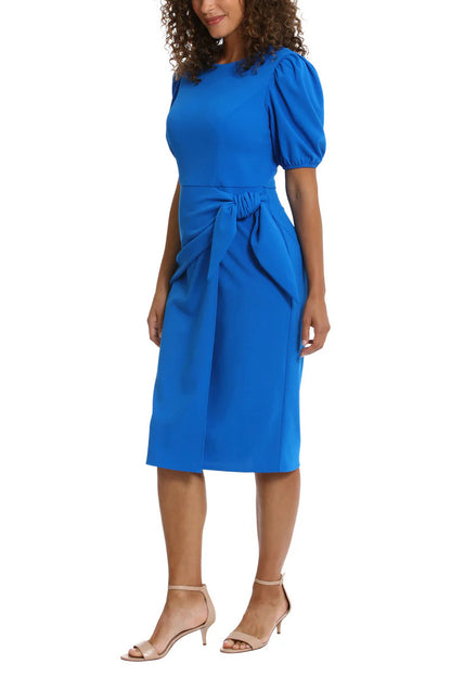 London Times Puff Sleeve Crew Neck Midi Sarong Wrap Dress - COBALT - SIDE