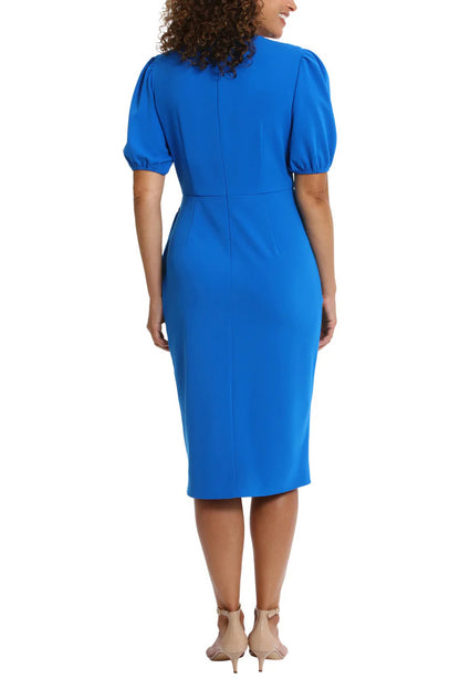 London Times Puff Sleeve Crew Neck Midi Sarong Wrap Dress - COBALT - BACK 