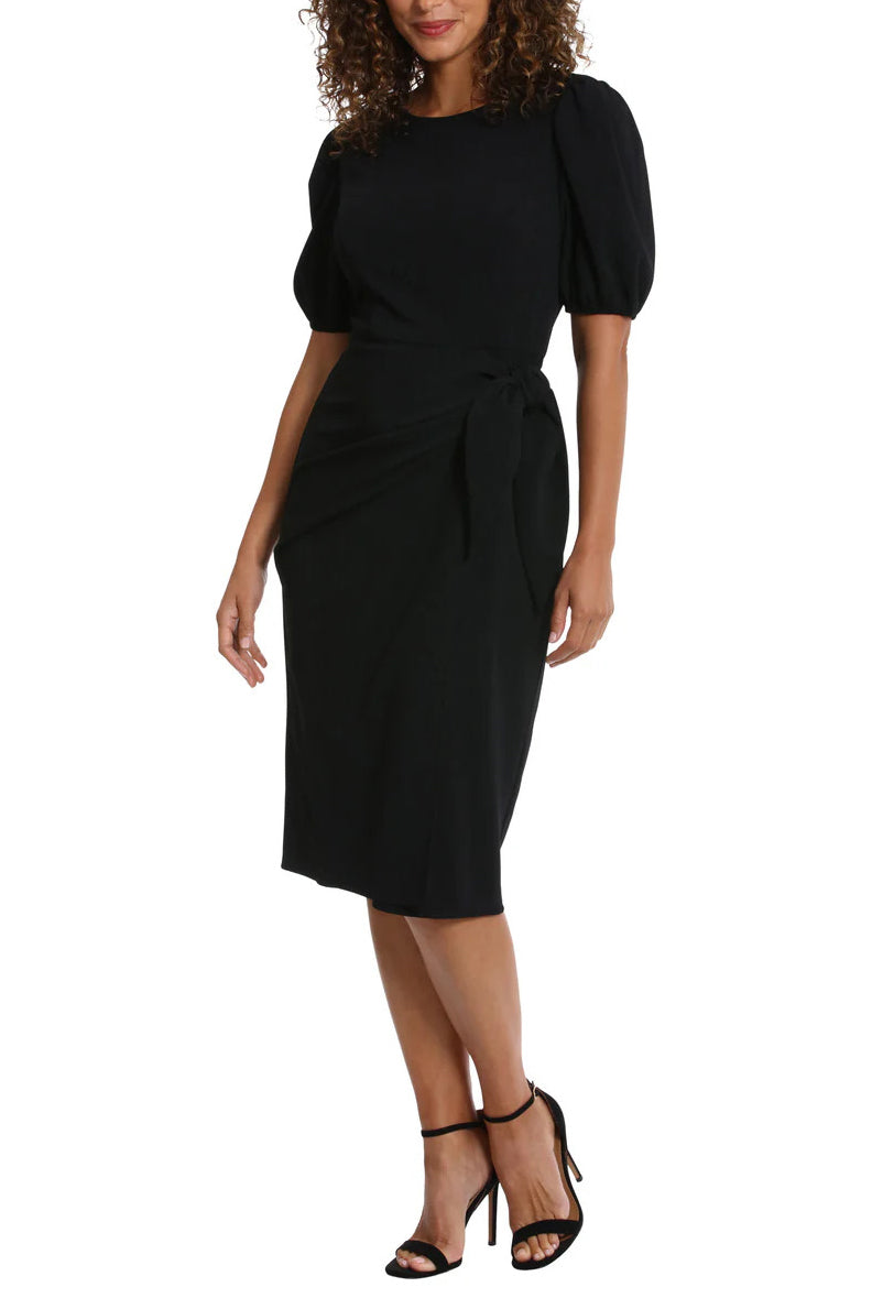 London Times Puff Sleeve Crew Neck Midi Sarong Wrap Dress - BLACK - Front 