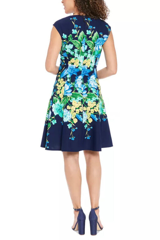 London Times Split-Neckline Sleeveless Back-Zipper Floral-Print Flare Silhouette Dress - NAVY BLUE - Back