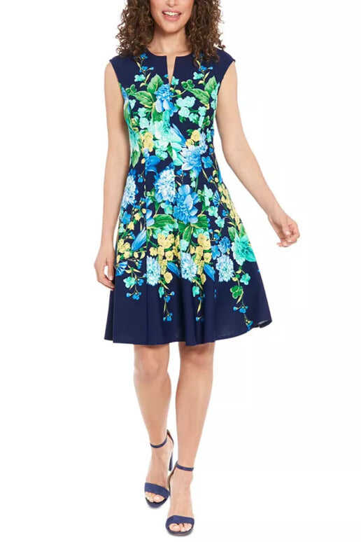 London Times Split-Neckline Sleeveless Back-Zipper Floral-Print Flare Silhouette Dress - NAVY BLUE - Front