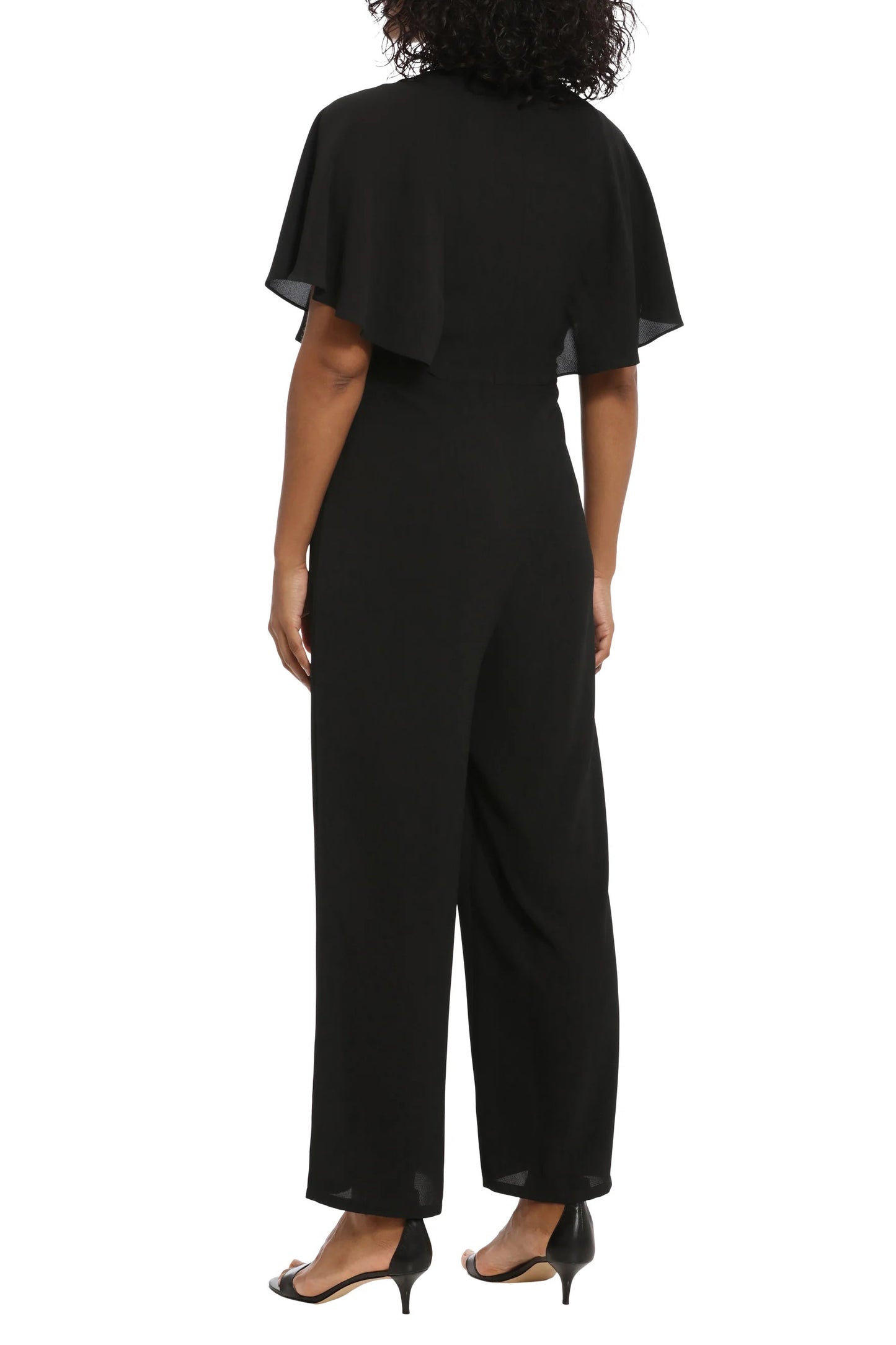 London Times Crew Neck Flutter Sleeve Wide Leg Pleated Pants Bubble Crepe Jumpsuit - BLACK - Back