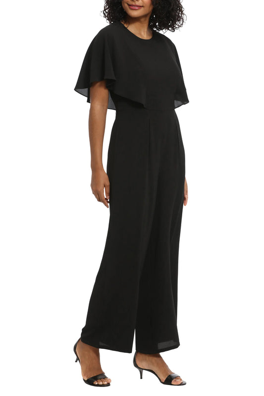 London Times Crew Neck Flutter Sleeve Wide Leg Pleated Pants Bubble Crepe Jumpsuit - BLACK - Front 