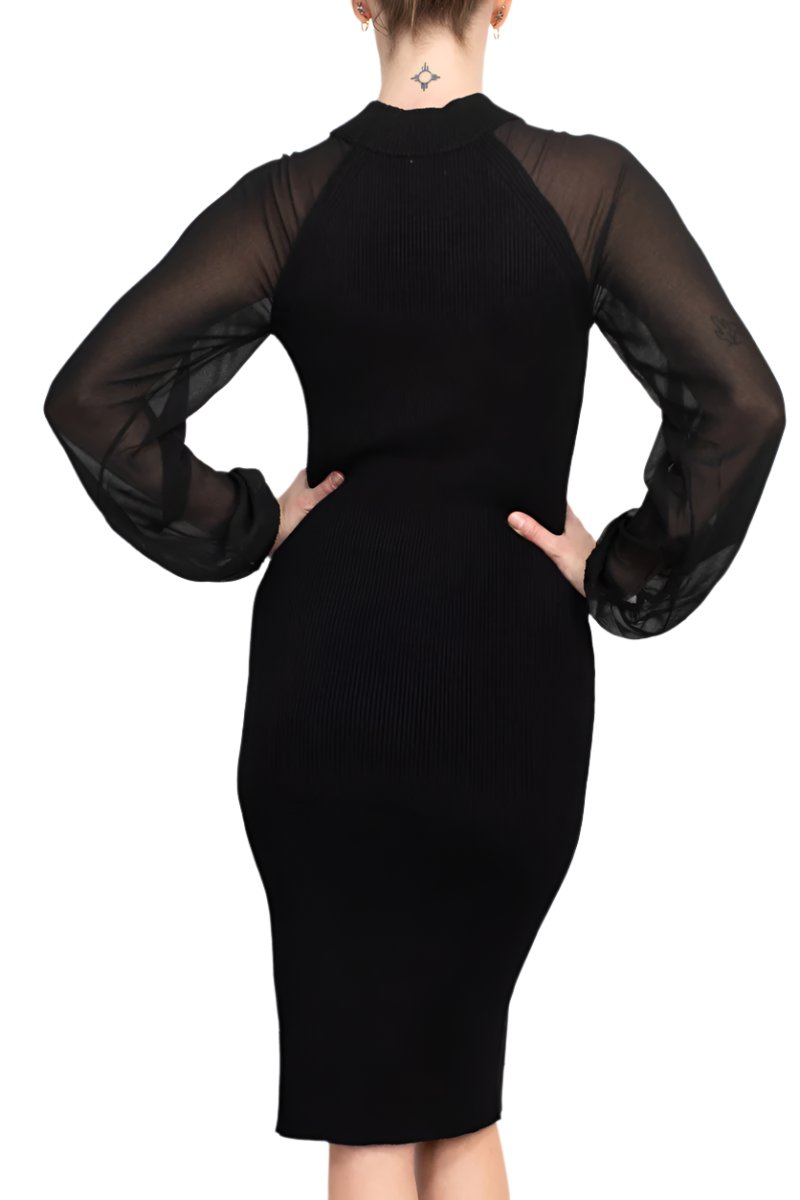 London Times crew neck chiffon long sleeve bodycon knit dress - Wholesale - BLACK - Back 