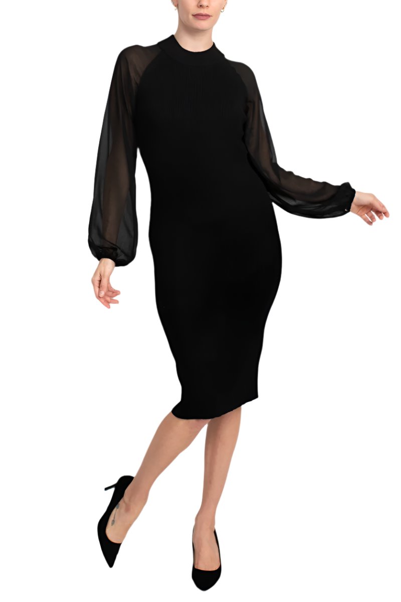 London Times crew neck chiffon long sleeve bodycon knit dress - Wholesale - BLACK - Front 