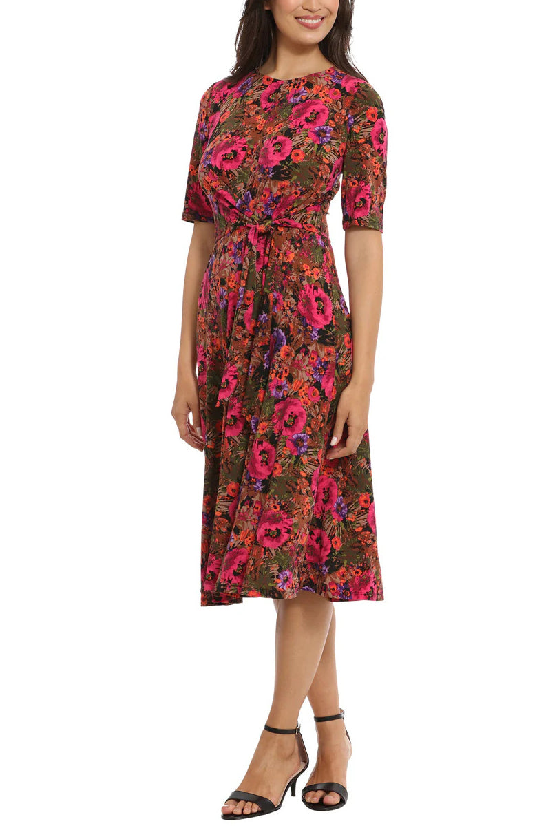 London Times Floral-Print Fit & Flare Dress - FUSHCIA MULTI - SIDE