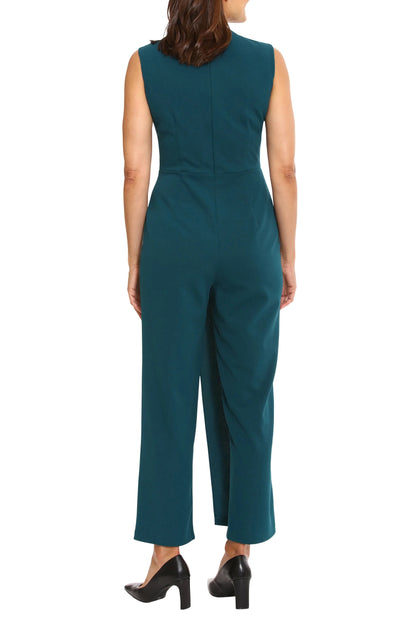 London Times V-Neck Sleeveless Zipper Closure Pleated Front Straight Pants Scuba Crepe Jumpsuit - DEEP TEAL - Back