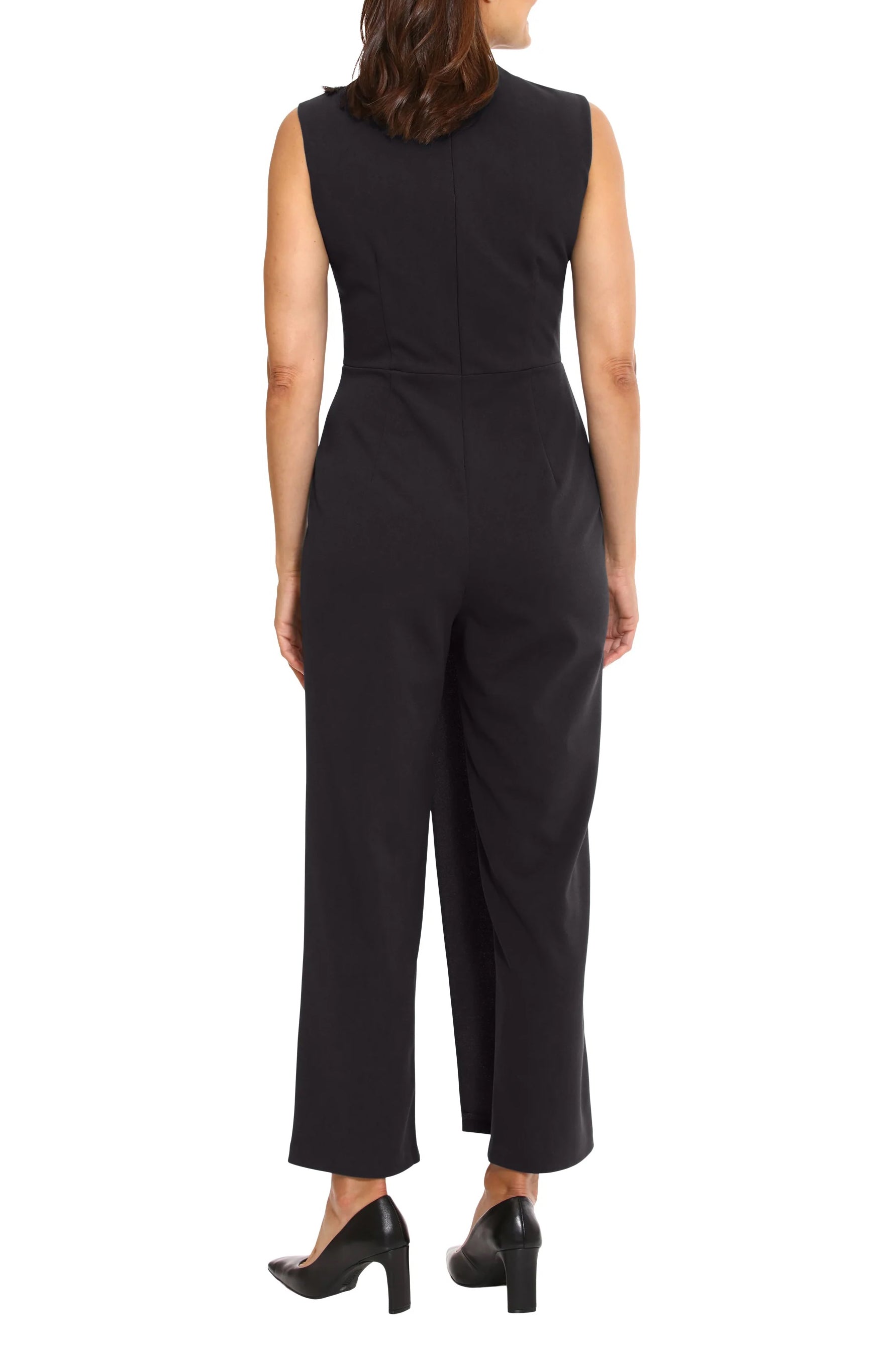 London Times V-Neck Sleeveless Zipper Closure Pleated Front Straight Pants Scuba Crepe Jumpsuit - BLACK - Back