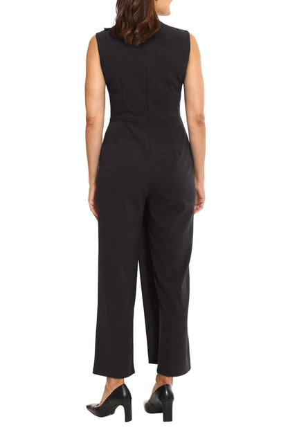 London Times V-Neck Sleeveless Zipper Closure Pleated Front Straight Pants Scuba Crepe Jumpsuit - BLACK - Back