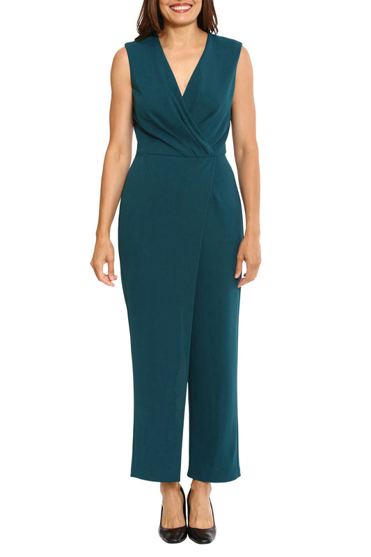 London Times V-Neck Sleeveless Zipper Closure Pleated Front Straight Pants Scuba Crepe Jumpsuit - DEEP TEAL - Front