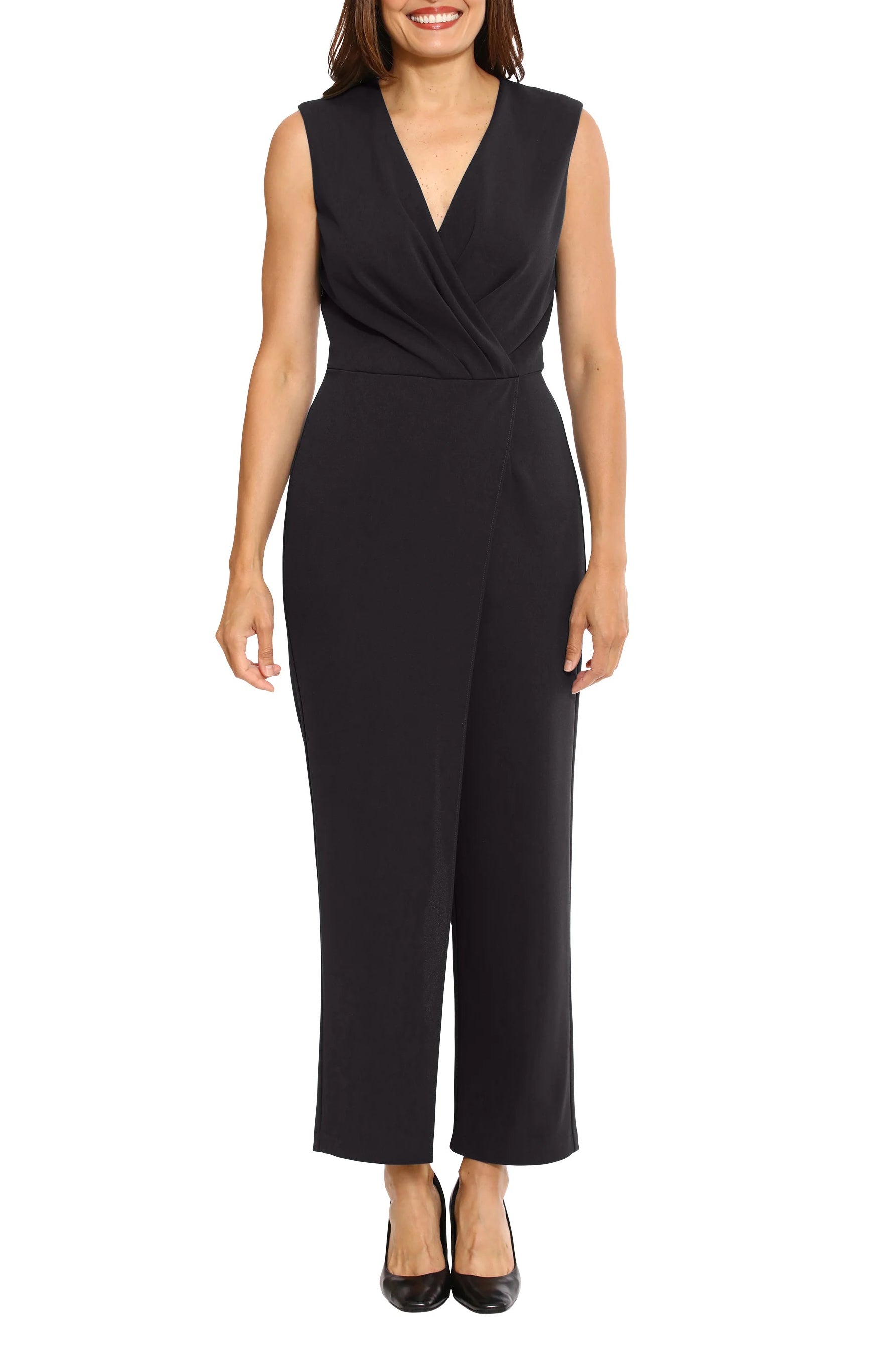 London Times V-Neck Sleeveless Zipper Closure Pleated Front Straight Pants Scuba Crepe Jumpsuit - BLACK - Front