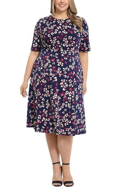 London Times Clio Jewel Neckline Floral A-line Midi Silhouette Dress (Plus Size)