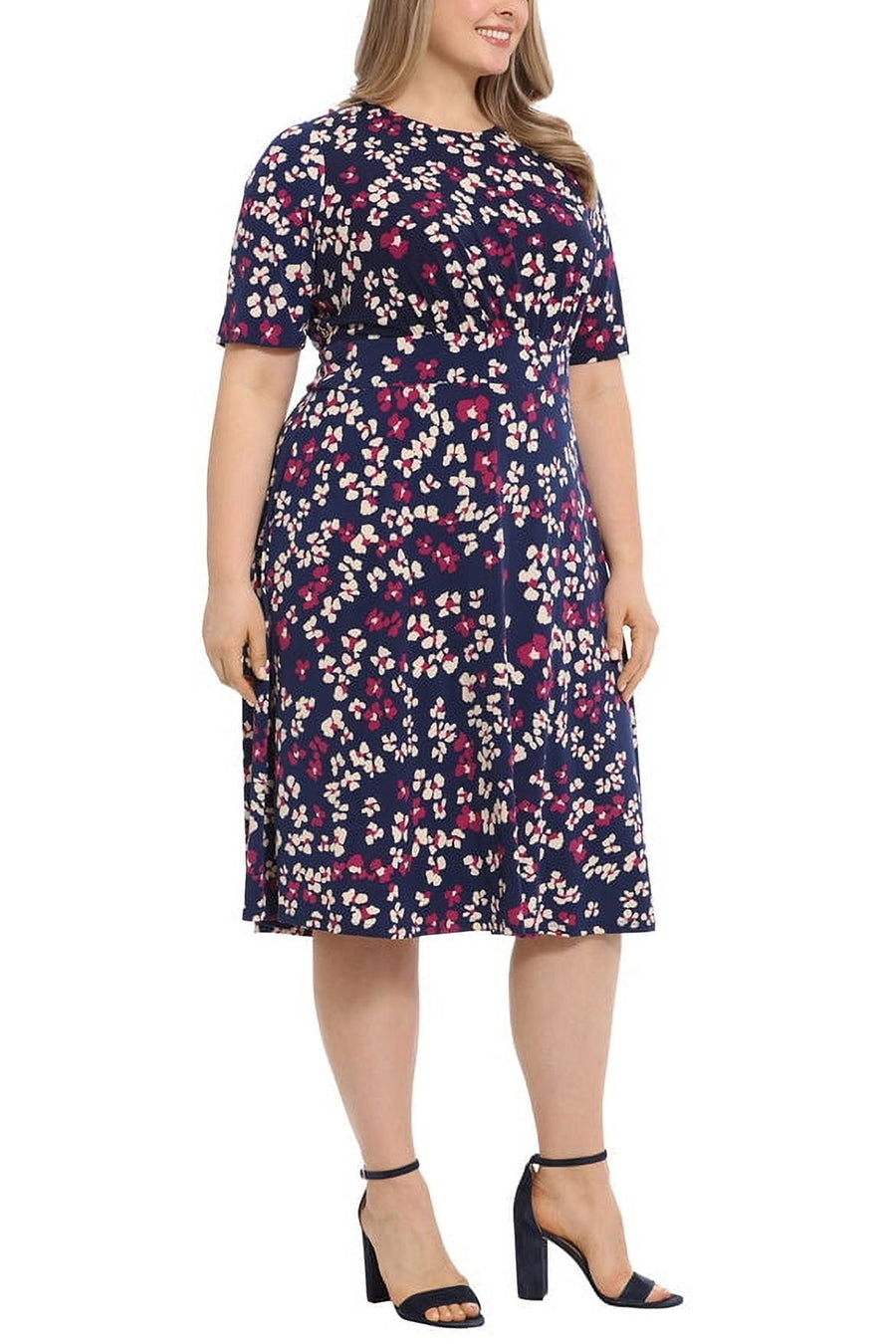 London Times Clio Jewel Neckline Floral A-line Midi Silhouette Dress (Plus Size)