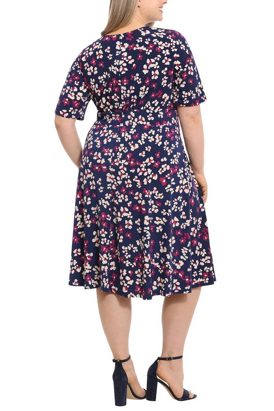 London Times Clio Jewel Neckline Floral A-line Midi Silhouette Dress (Plus Size)