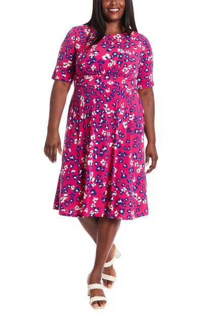 London Times Clio Jewel Neckline Floral A-line Midi Silhouette Dress (Plus Size)