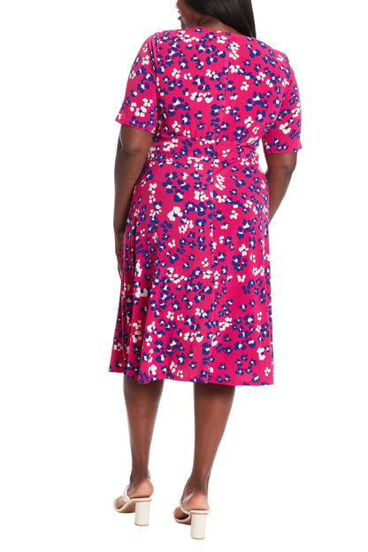 London Times Clio Jewel Neckline Floral A-line Midi Silhouette Dress (Plus Size)