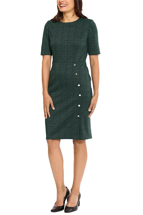 London Times Herringbone Sheath Button Skirt Dress - BLACK GREEN - SIDE