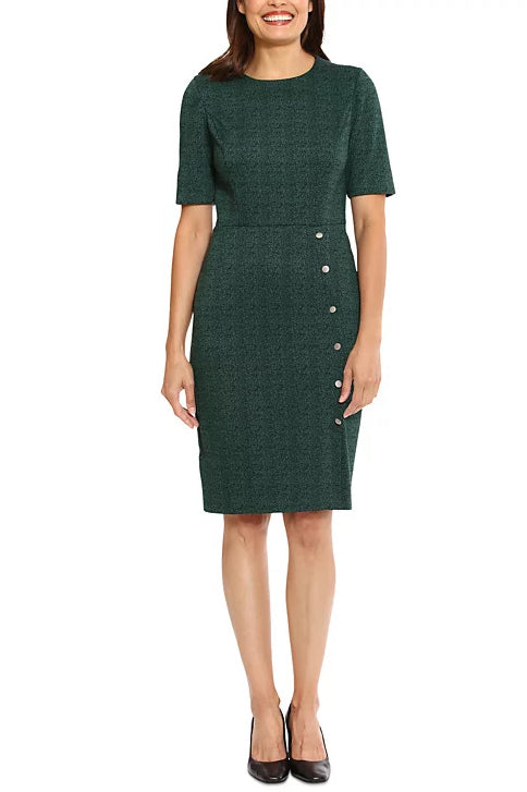 London Times Herringbone Sheath Button Skirt Dress - BLACK GREEN - Front 