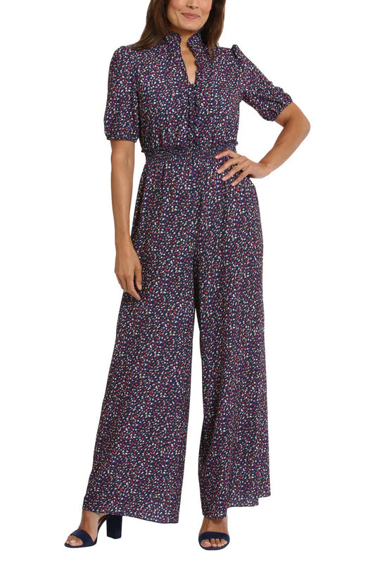 London Times Waist Ruffle Neckline Zip Front Relaxed Leg Jumpsuit - NAVY LILAC - Front 