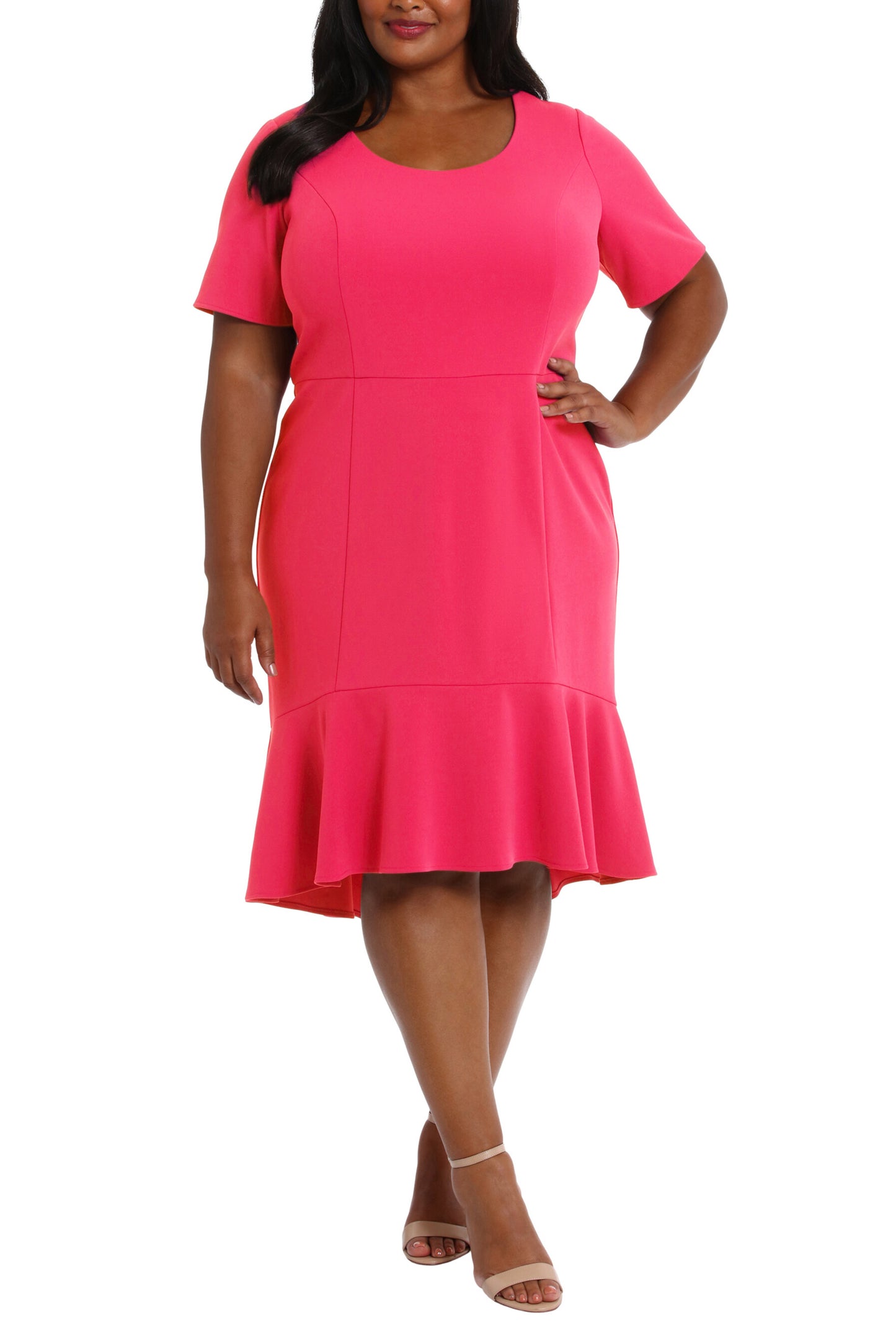 London Times Scoop Neck Short Sleeve Flounce Hem Versatile Dress (Plus Size) - PINK - Front