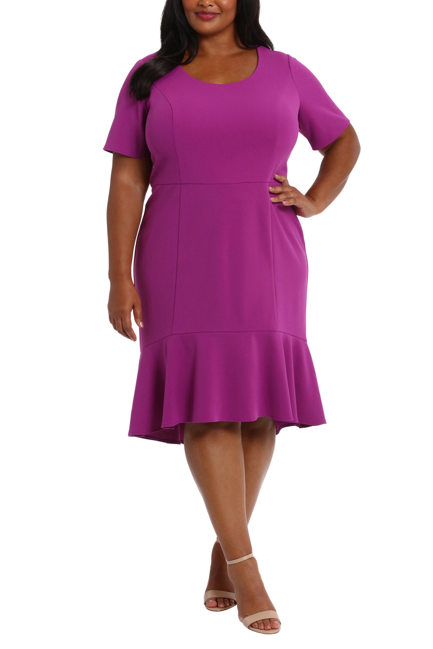 London Times Scoop Neck Short Sleeve Flounce Hem Versatile Dress (Plus Size) - PURPLE - Front