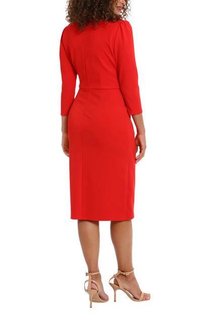 London Times Sweetheart Faux Wrap Side Ruched Midi Dress