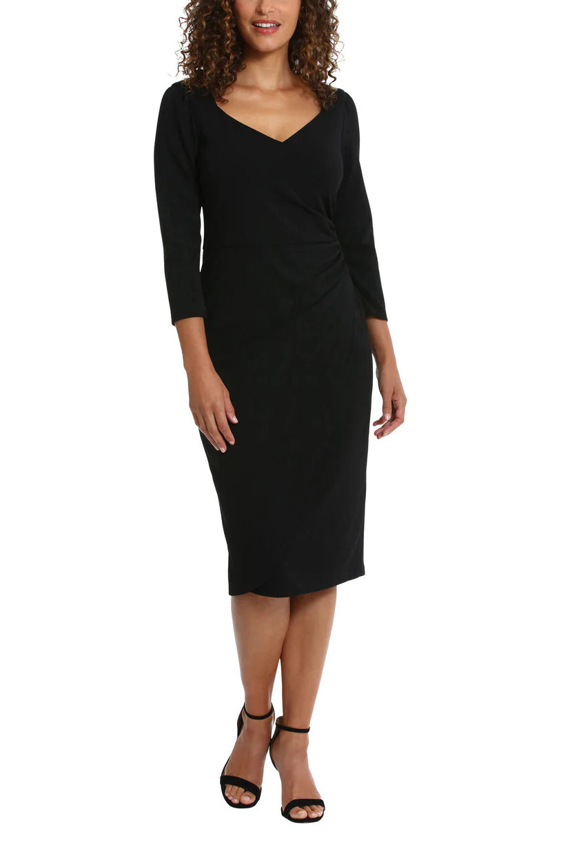 London Times Sweetheart Faux Wrap Side Ruched Midi Dress - BLACK - FRONT FULL VIEW