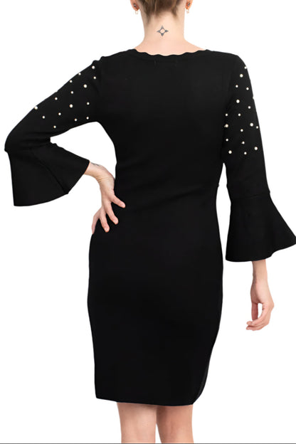 London Times Scoop Neckline Delicate Ruffles Pearl Detailing Valoria Knit Dress - BLACK - Back