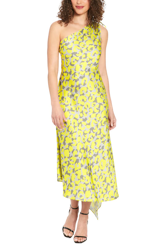 London Times Ruched One Shoulder Asymmetrical Dress - CITRON - FRONT 