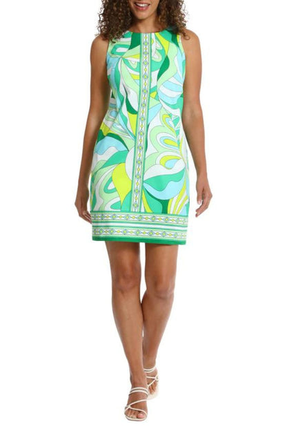 London Times Sleeveless Crew Neck Printed Shift Dress - SOFT WHITE AVOCADO - FRONT