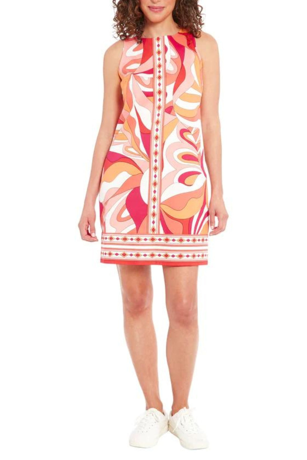 London Times Sleeveless Crew Neck Printed Shift Dress - SOFT WHITE TANGERINE - FRONT