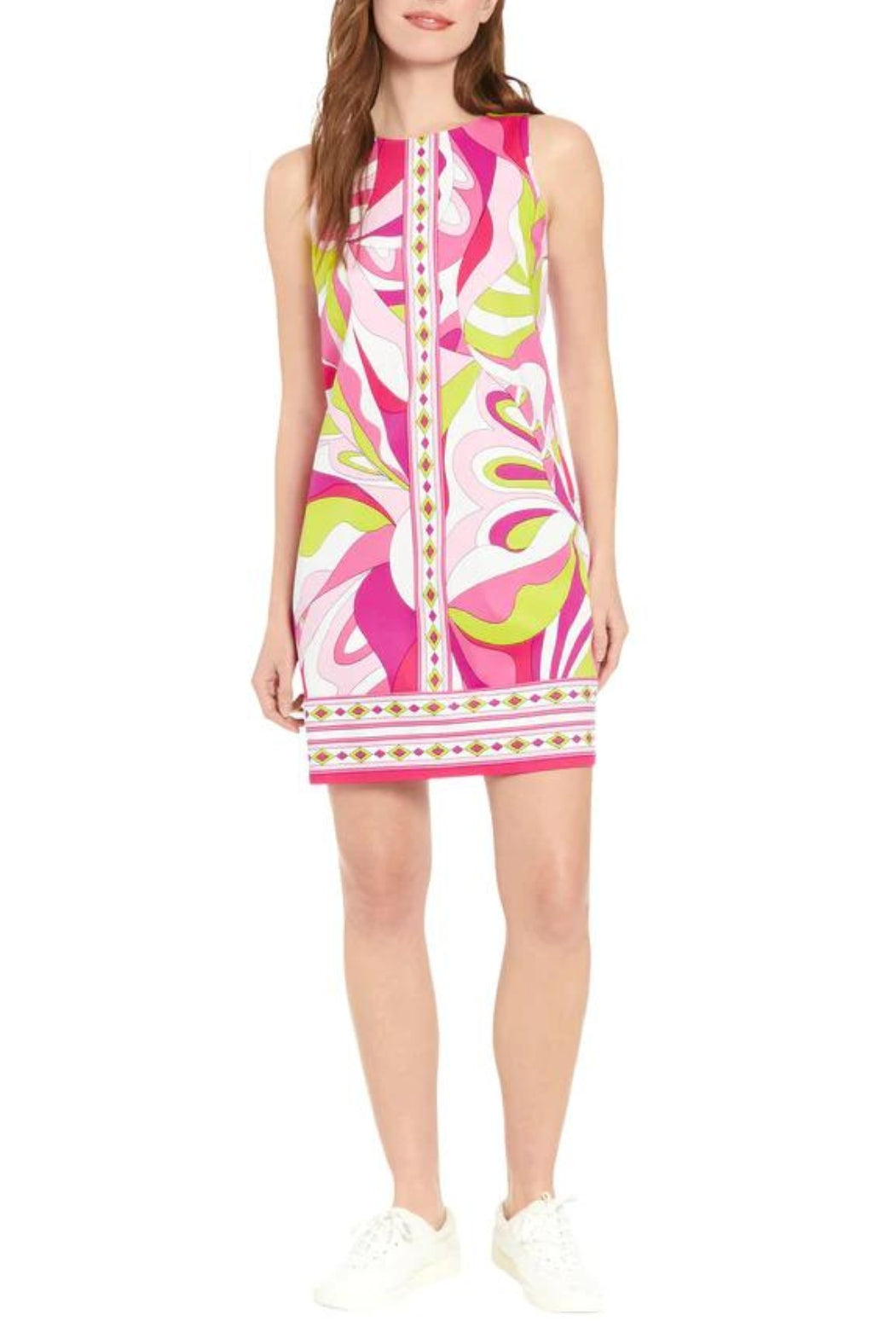 London Times Sleeveless Crew Neck Printed Shift Dress - SOFT WHITE HOT PINK - FRONT VIEW 