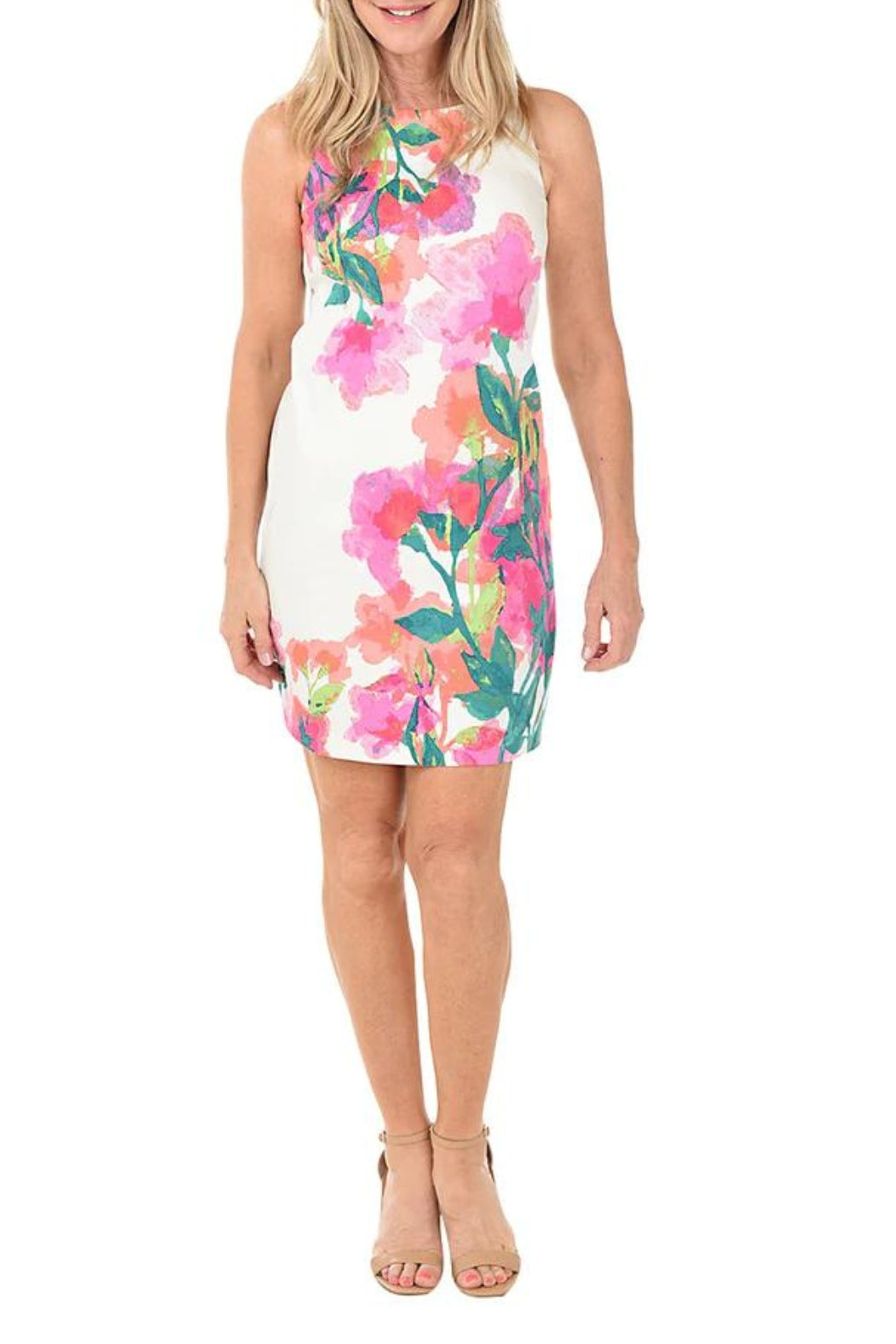 London Times Watercolor Floral Sleeveless Shift Dress - SOFT WHITE HOT HOUSE PINK - FRONT