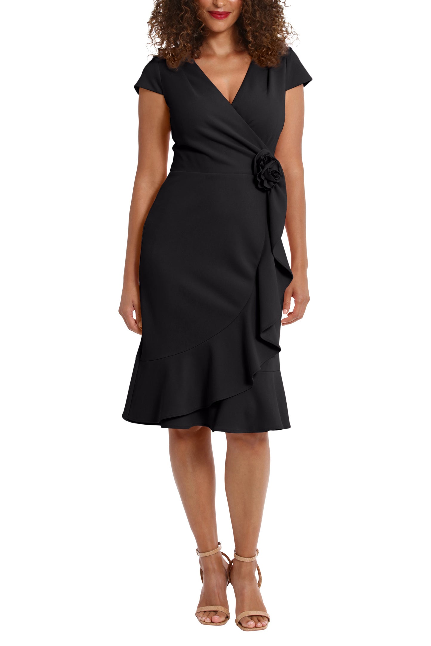 London Times V-Neck Cap Sleeve Wrap with Cascade Ruffle with Rosette Fit and Flare Dress - BLACK - FRONT VIEW