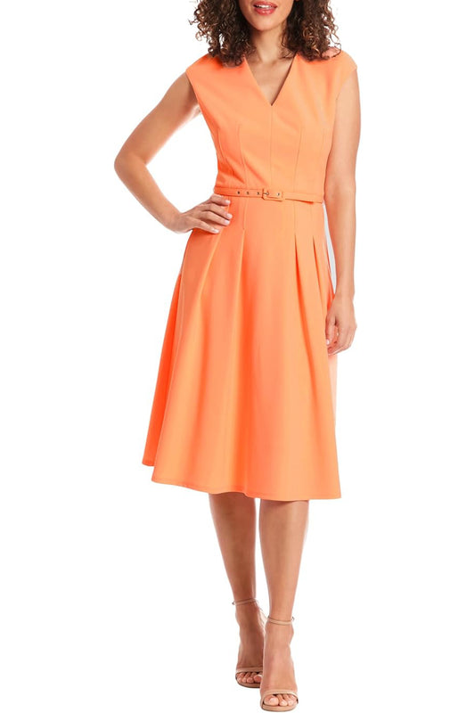 London Times V-Neck Tucked Midi with Belt Dress - PEACH - Front Full view