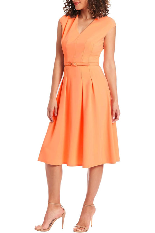 London Times V-Neck Tucked Midi with Belt Dress - PEACH - Front 