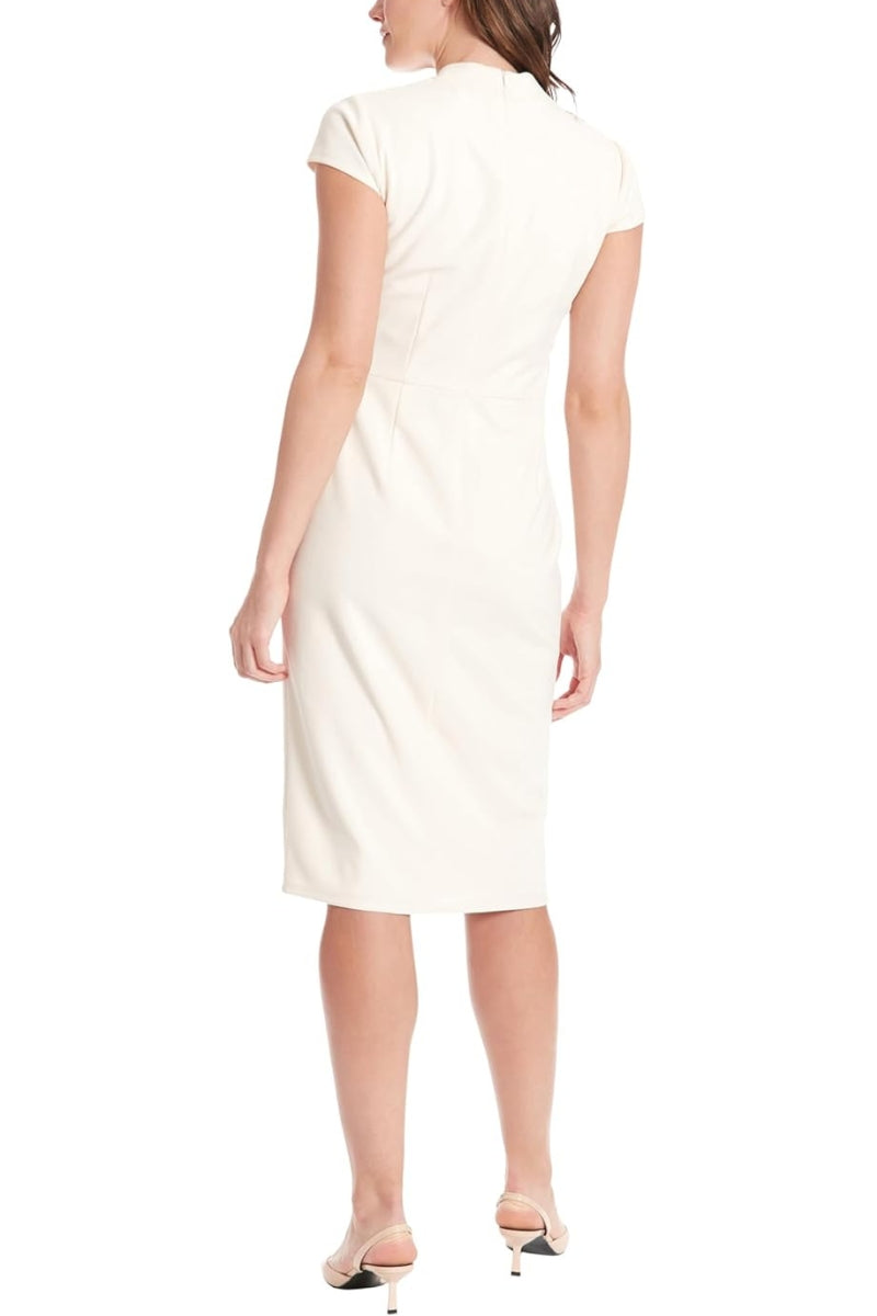 London Times V-Neck Split Cap Sleeves Shoulder Flower Applique Modern Sheath Silhouette Dress - IVORY - Back