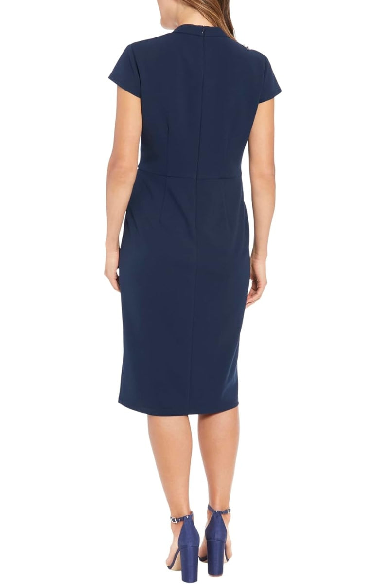 London Times V-Neck Split Cap Sleeves Shoulder Flower Applique Modern Sheath Silhouette Dress - NAVY - Back