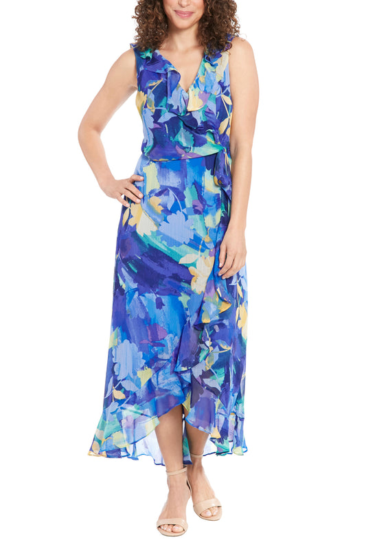 London Times Rosie Ruffled V-Neckline Back Zipper Closure Faux Wrap Maxi Dress - BLUE MULTI - Front