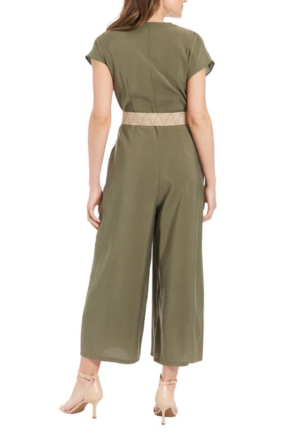 London Times Belted Wide Leg With Side Pockets Jumpsuit - GREEN Back