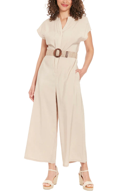 London Times Belted Wide Leg Jumpsuit - LIGHT BEIGE - Front 